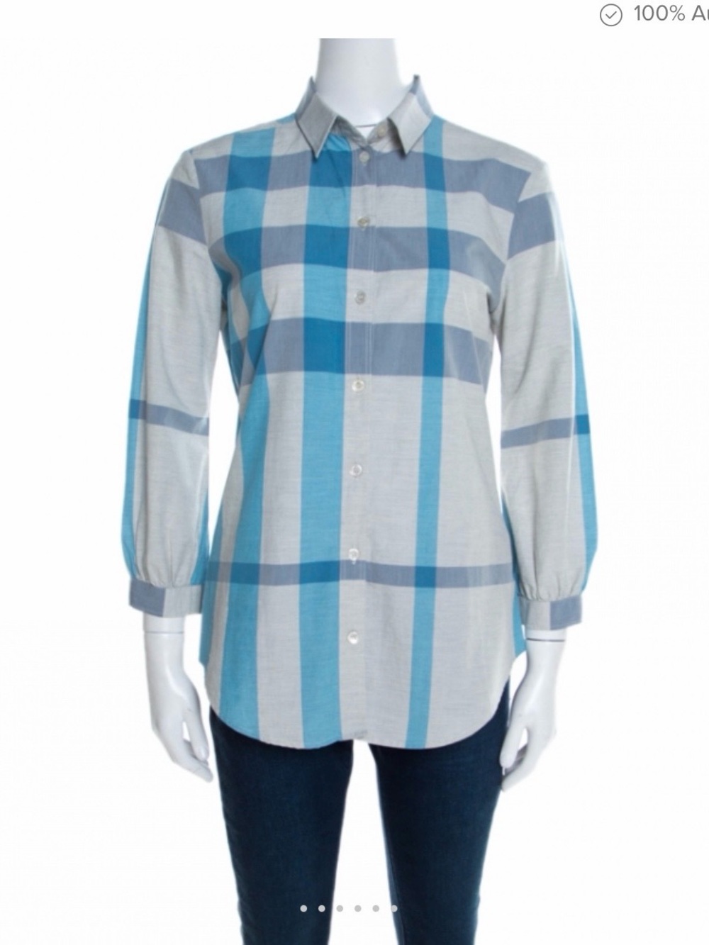 Burberry women Blue and White Plaid Button-Up Shirt